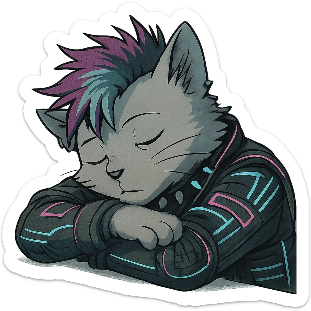  a anthro cat laying down his head to nap, punk gothic style, futuristic cyberwave cyberpunk, resting his head on his arms, head tilted sideways, light gray cata sticker