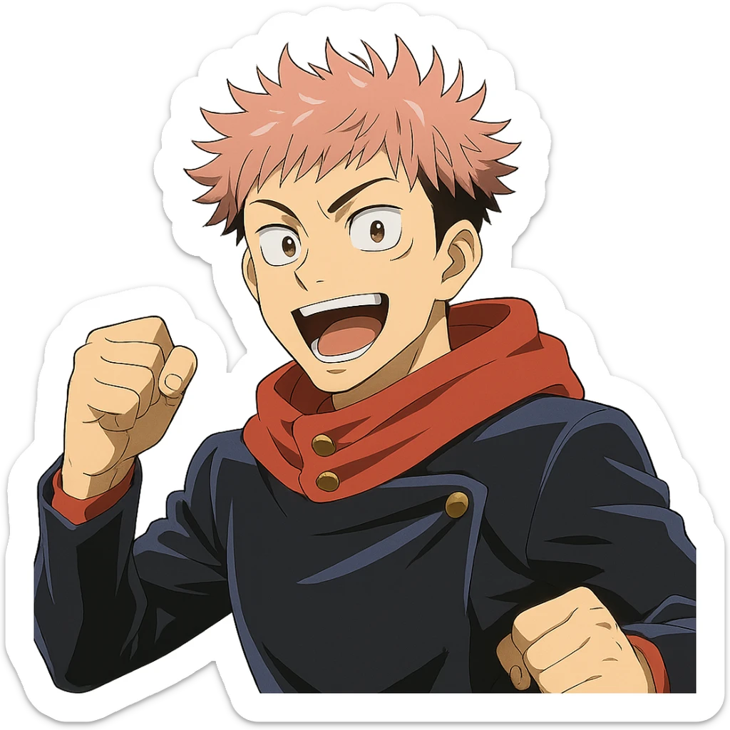 Yuji Itadori from Jujutsu Kaisen, pink hair, school uniform, energetic expression, anime style sticker