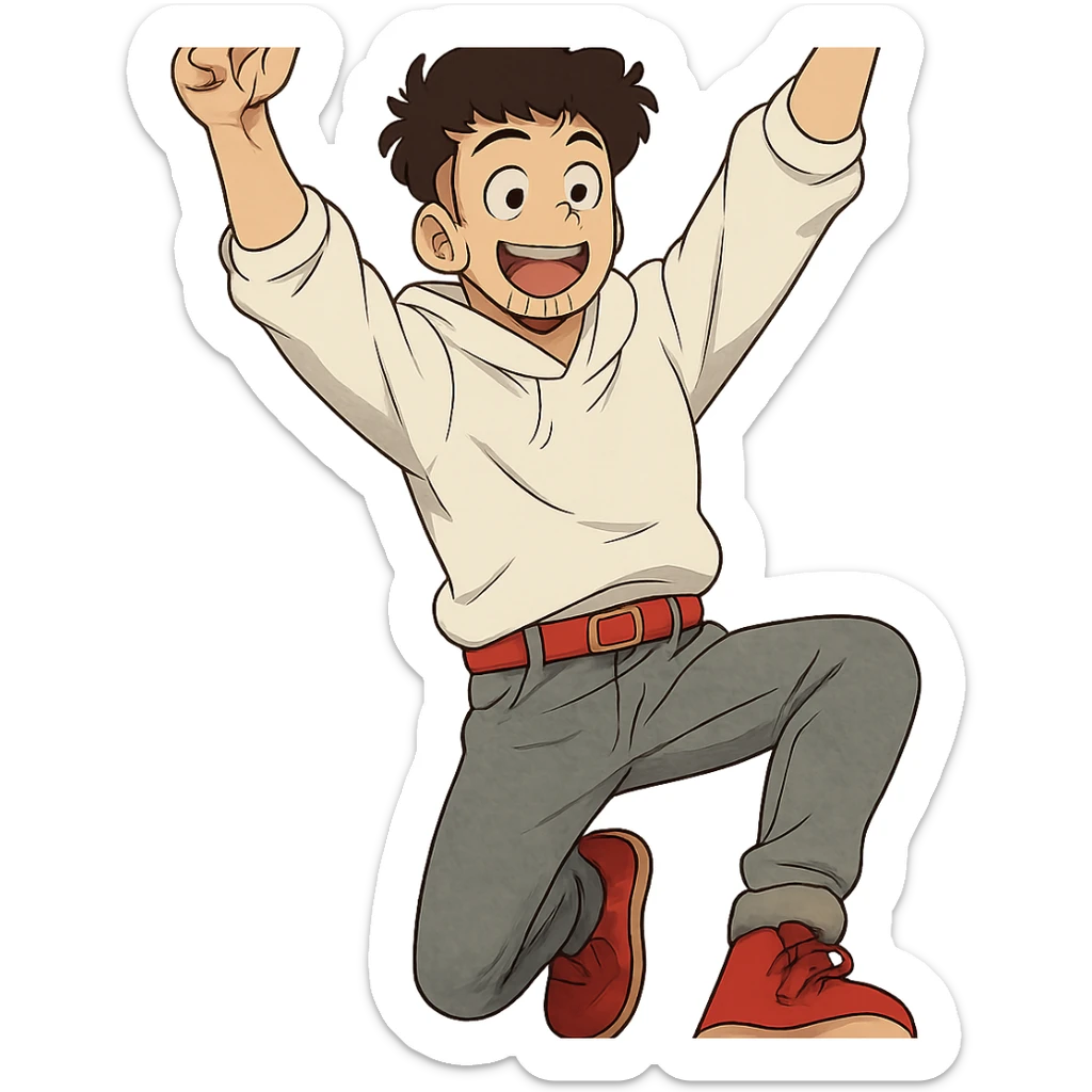 1 male, mid fade haircut dark chestnut brown curly hair, toasted lightskin, white hoodie sleeves up, gray fashion jeans, red fashion-sneakers shoes, red belt, short trimmed beard and goatee,  style of deku from "my hero academia",  "happy!" pose sticker