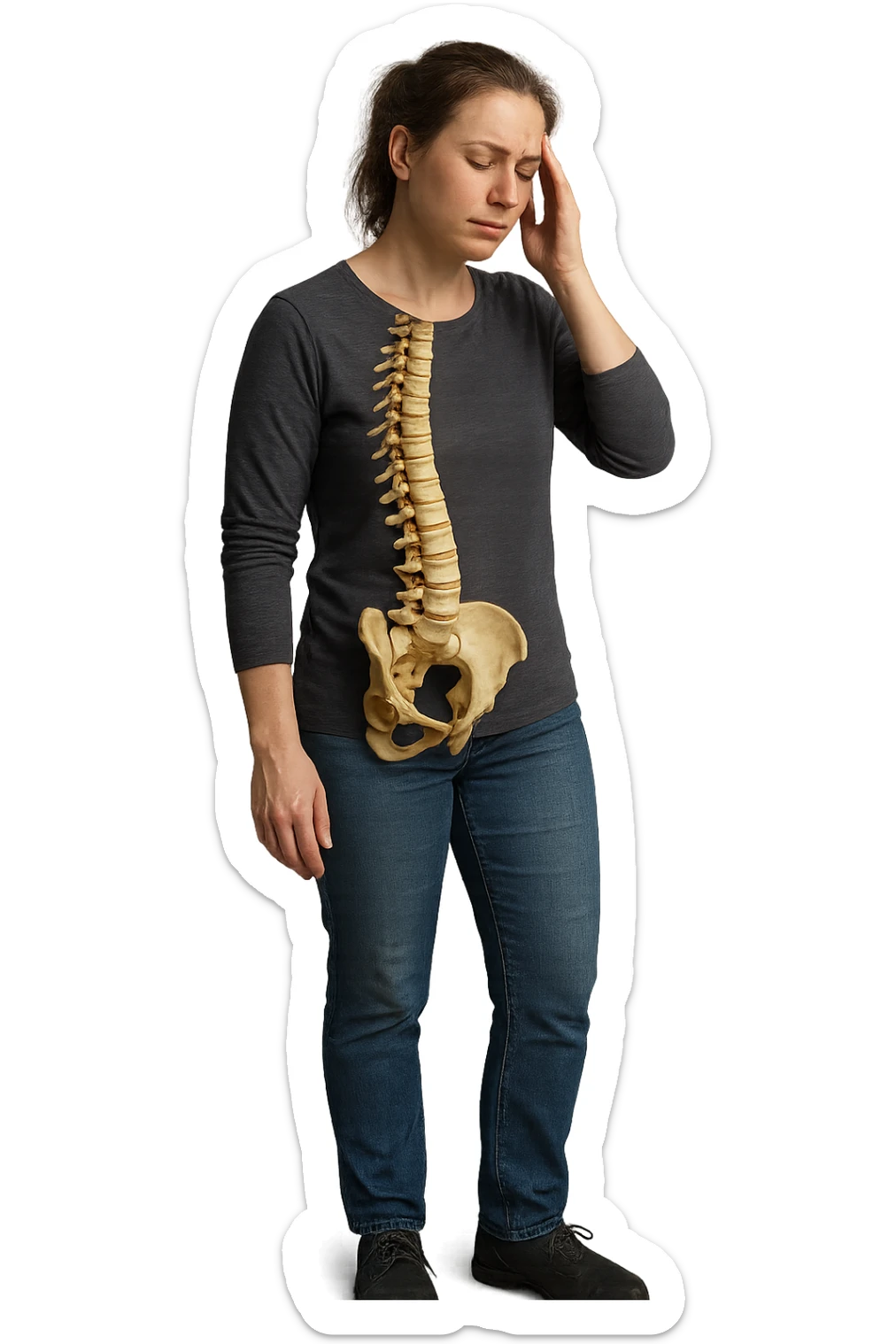 donna stanca a figura intera che si tiene una mano sulla tempia con spina dorsale anatomica visibile, iperrealistico 4k sticker