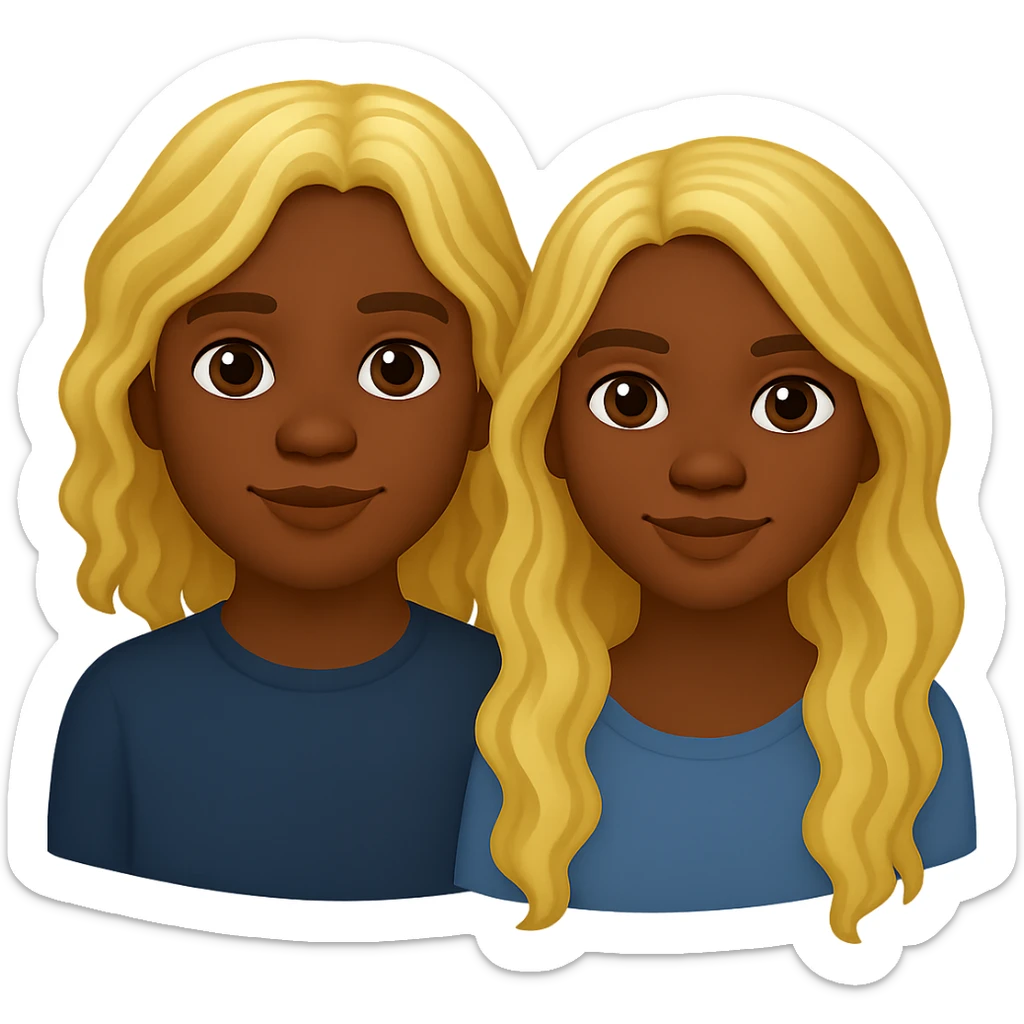 Blonde boy and blonde girl with long wavy hair, emoji style, dark skin tone, with no background sticker
