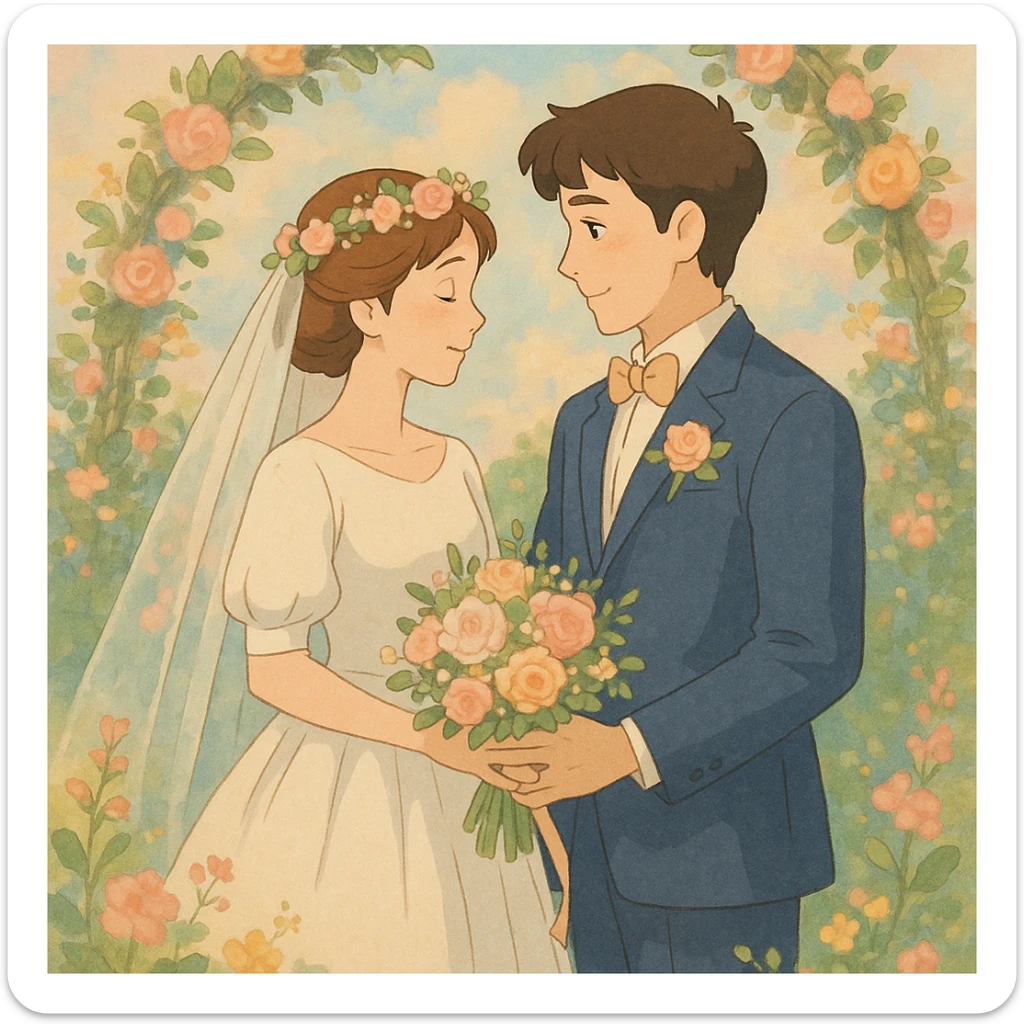 romantic wedding scene with bride and groom, soft pastel colors, floral accents sticker