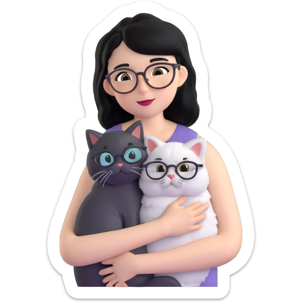 Skinny woman with oval glasses, shoulder length straight black hair, wearing white sleeveless top, hugging a grey Persian-Angora cat, plain background sticker