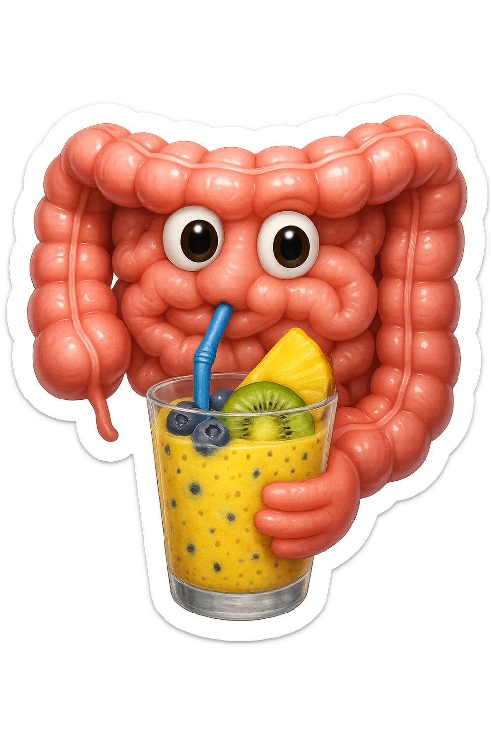 EMOJI STILE IPHONE DI un intestino umano anatomico che beve un frullato di mirtilli, ananas, kiwi, fagli anche la parte bianca degli occhi, non solo le pupille, REALISTICo 4K sticker