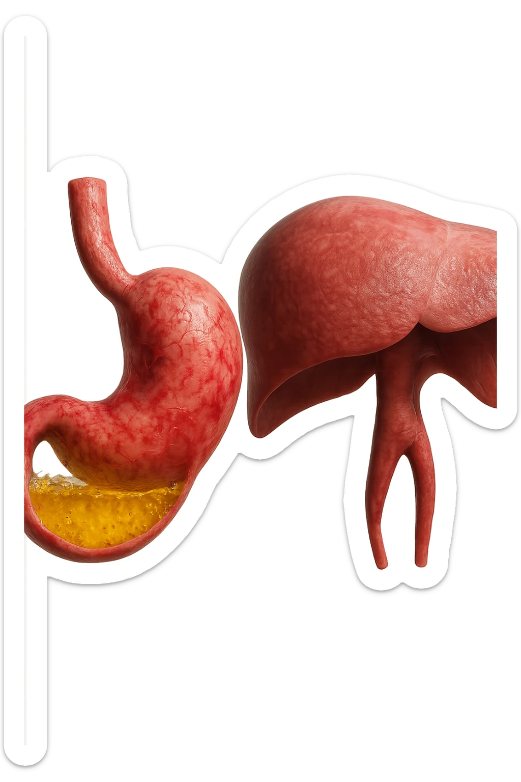 stomaco umano anatomico infiammato con acido giallo all'interno fluttua in aria insieme ad un diaframma umano, iperrealistico 4k, isolato su sfondo bianco sticker