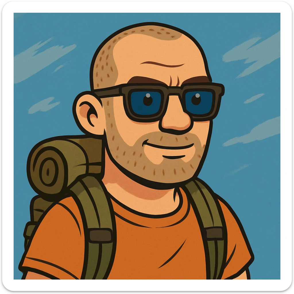 a bold man with very short hair, wearing squared dark glasses, blue eyes, traveler vibe, cartoon style sticker