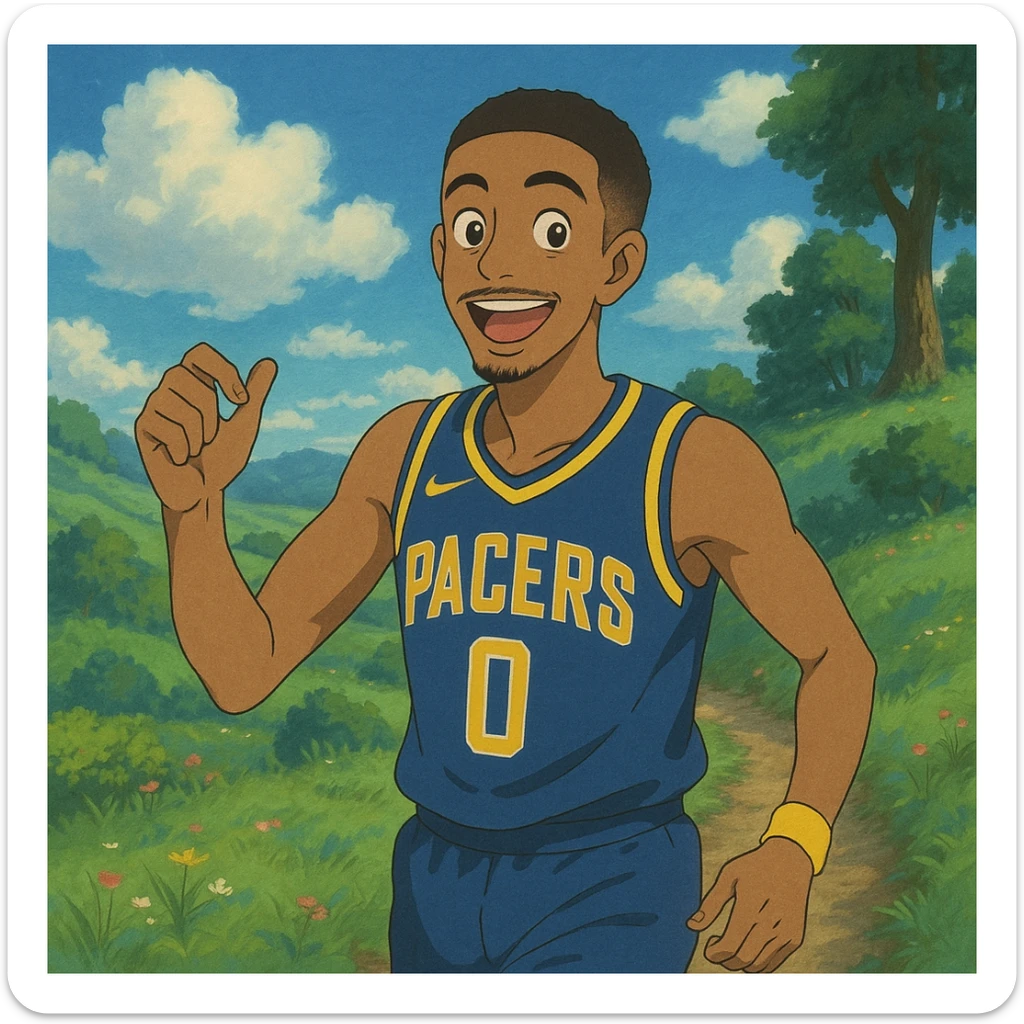 Tyrese Haliburton as a Ghibli character, Indiana Pacers jersey, playful mood, soft textures, fantasy-inspired setting sticker