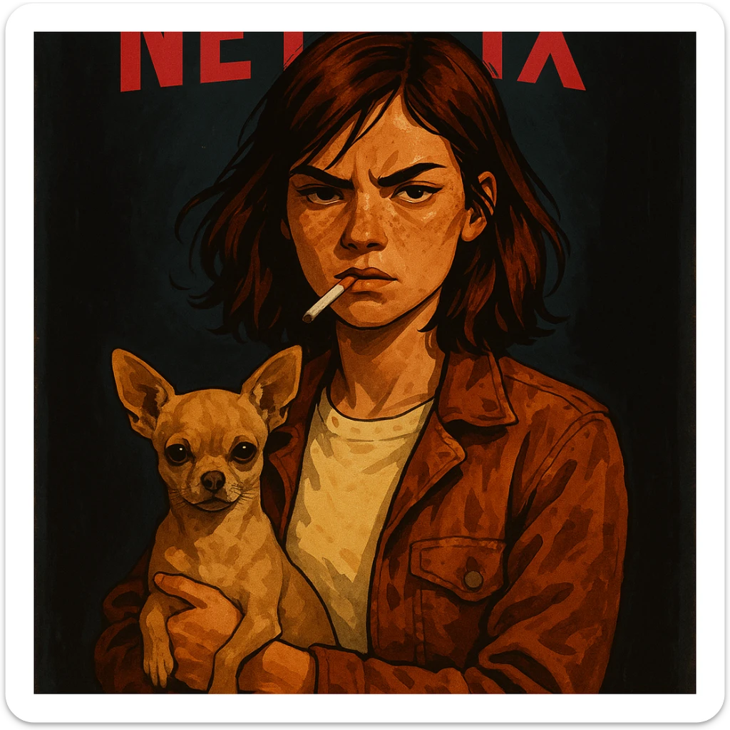 Stylized Netflix poster: rebellious woman, tanned skin, freckles, pale #FFF8CA shirt, rust jacket, medium-length auburn brown hair, holding beige-brown chihuahua, dark background. sticker