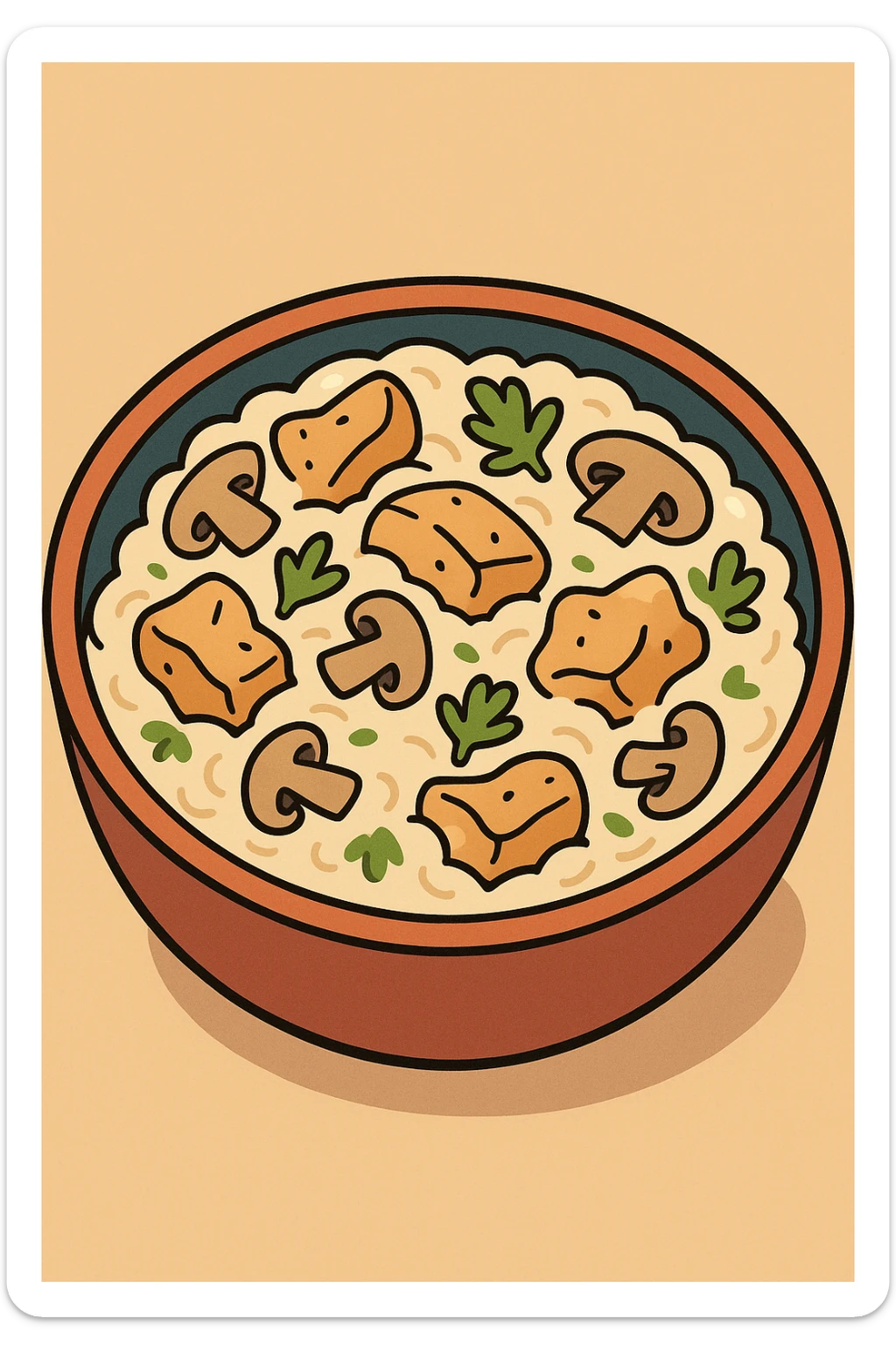 cartoon style bowl of creamy chicken mushroom risotto, garnished with parsley, bright and playful sticker