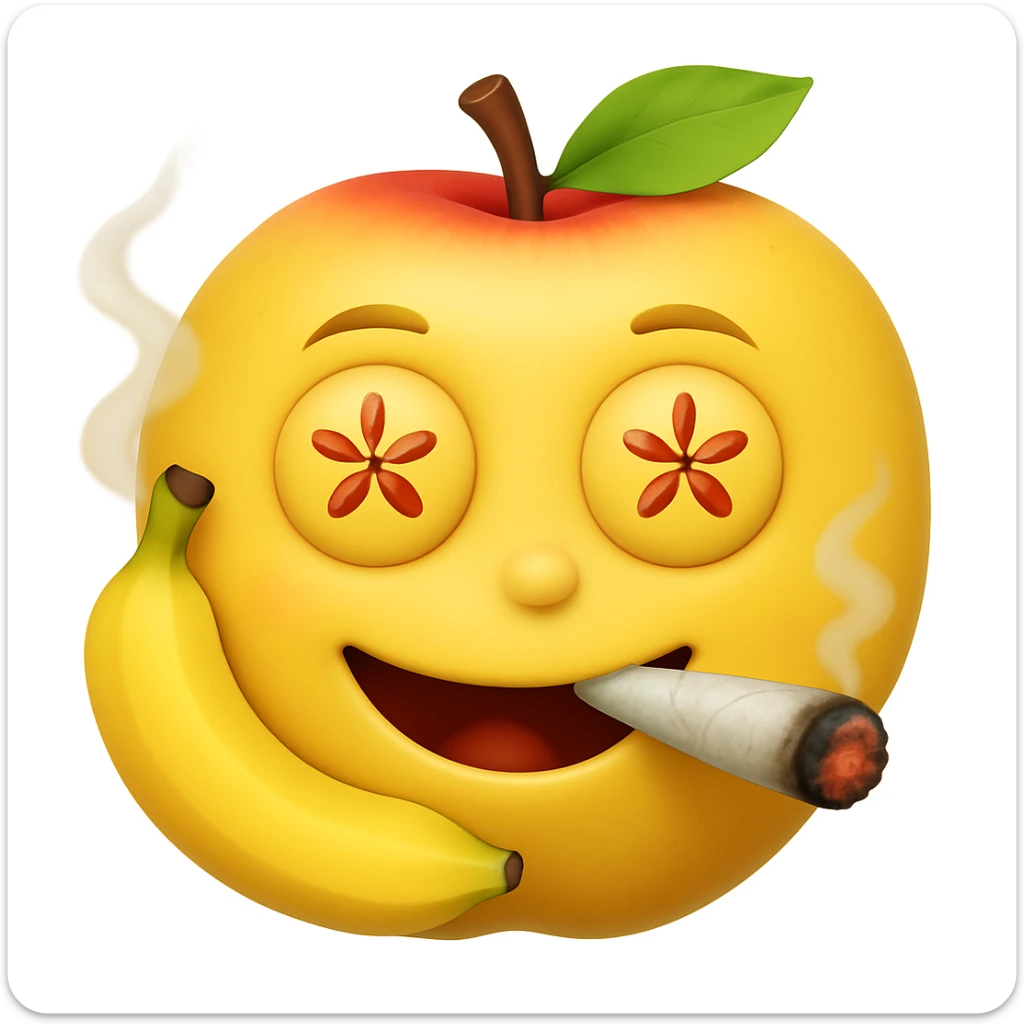 Add a cartoon joint with smoke to the smiley face made of apples as eyes and a banana as the mouth. Make it look like the face is smoking weed, keep the emoji style. sticker