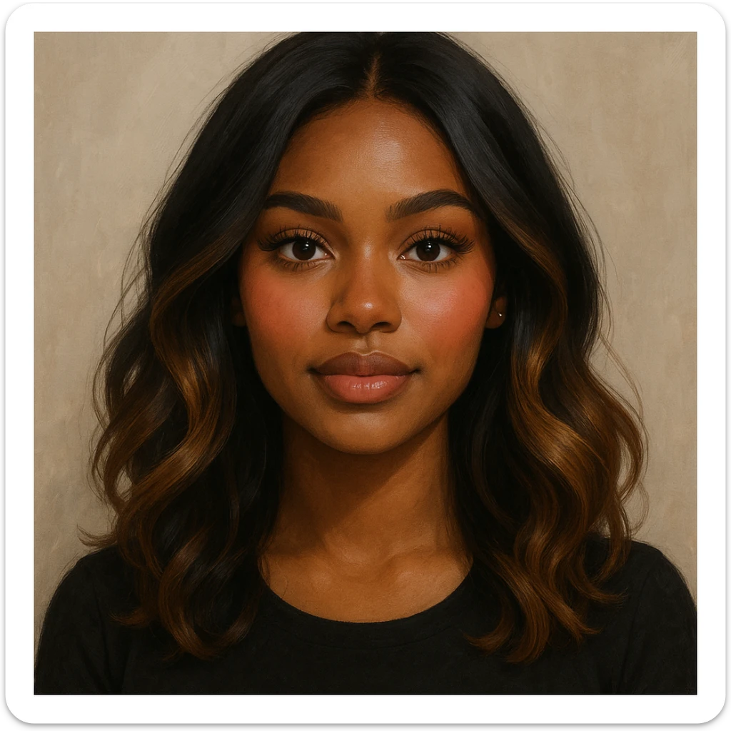 portrait of a young woman with dark skin, brunette dark hair with caramel balayage, brown eyes, curled lashes, and blush, in a modern, appealing style sticker
