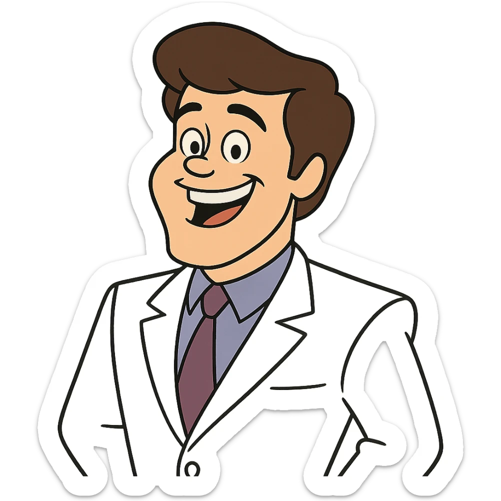 Donny Osmond from Johnny Bravo, cheerful man with brown hair, white suit, and big smile, cartoon style sticker