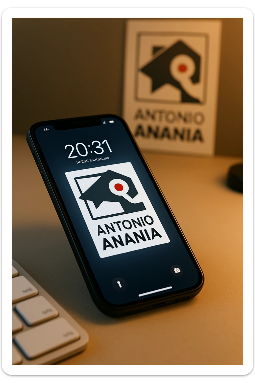 A photo of an iPhone with the message "Antonio Anania" on its screen, The phone sits atop a desk with a blurred background that suggests work environment. A faint glow from above casts gentle shadows across the surface of each object, creating depth and highlighting their textures sticker