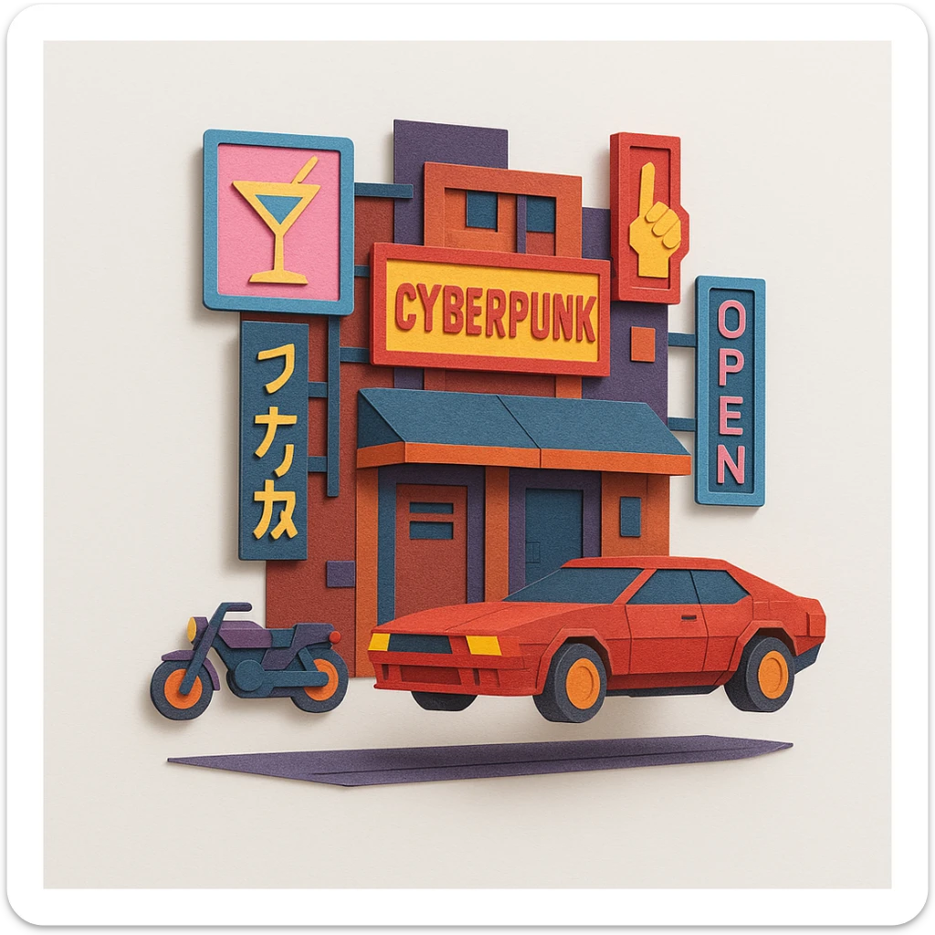 cyberpunk 2077 street scene with layered neon signs and futuristic vehicles, paper craft style sticker