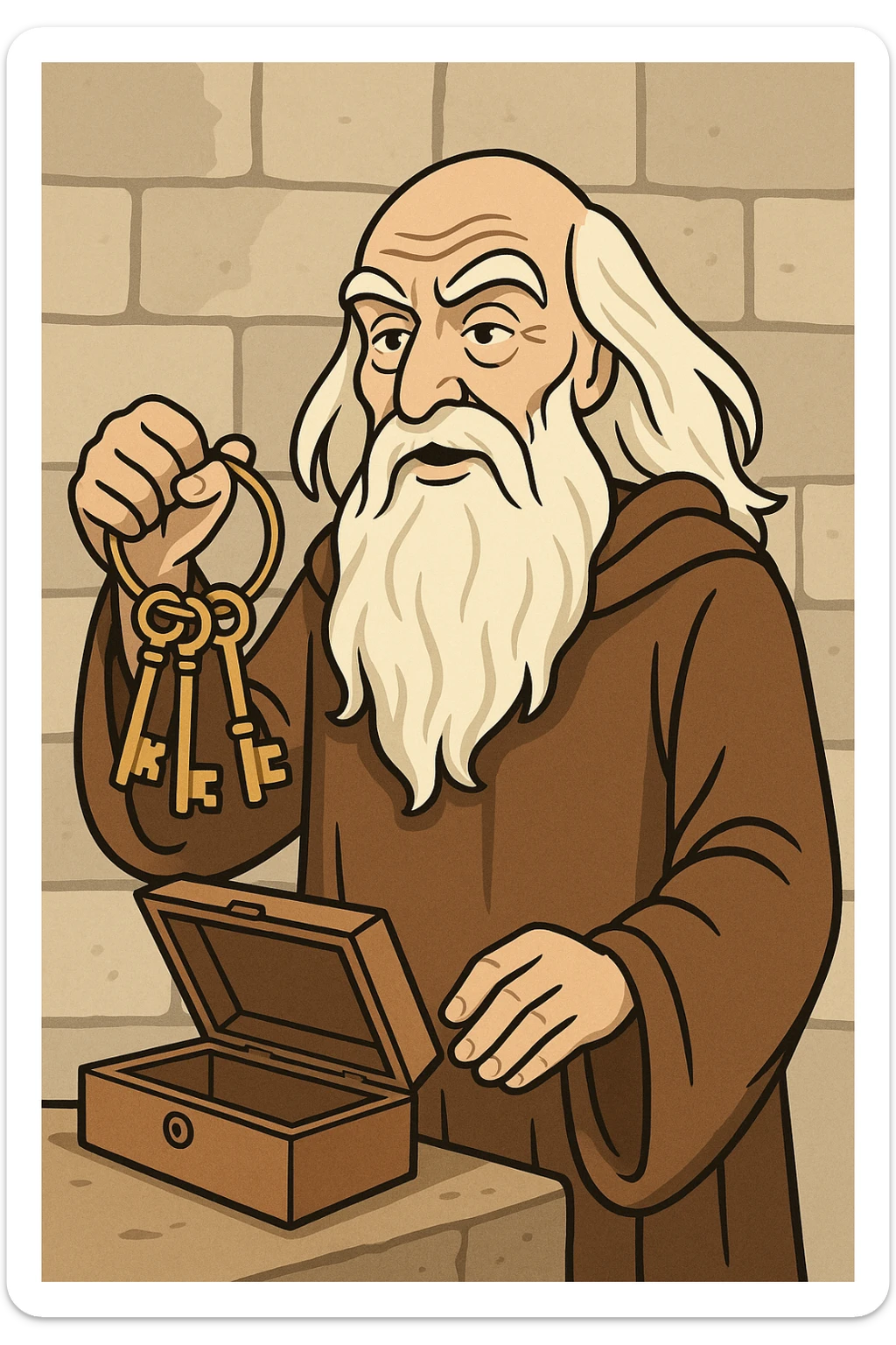 Père Fouras from Fort Boyard opening the keys to the fort, flat toon style, cartoonish, expressive face, old wise man with long white beard, brown robe, stone background sticker