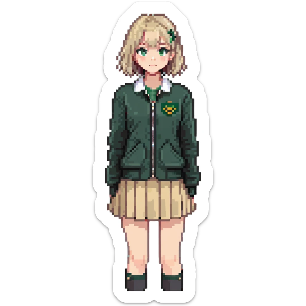 girl in a school uniform wearing a green polo, beige skirt, grey zipper jacket sticker