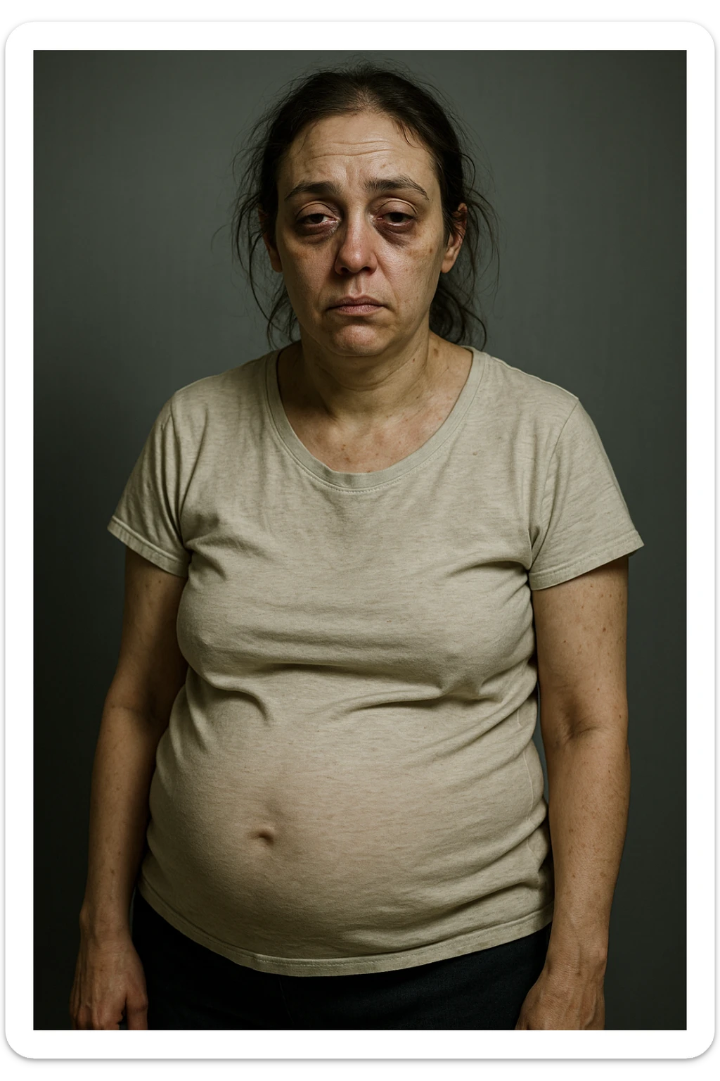 realistic portrait of a woman with PCOS, very tired and debilitated, dull skin, dark circles, thinning hair, abdominal bloating, fatigued posture, clinical style, detailed realism, dramatic lighting, vertical 2:3 aspect ratio, no text sticker