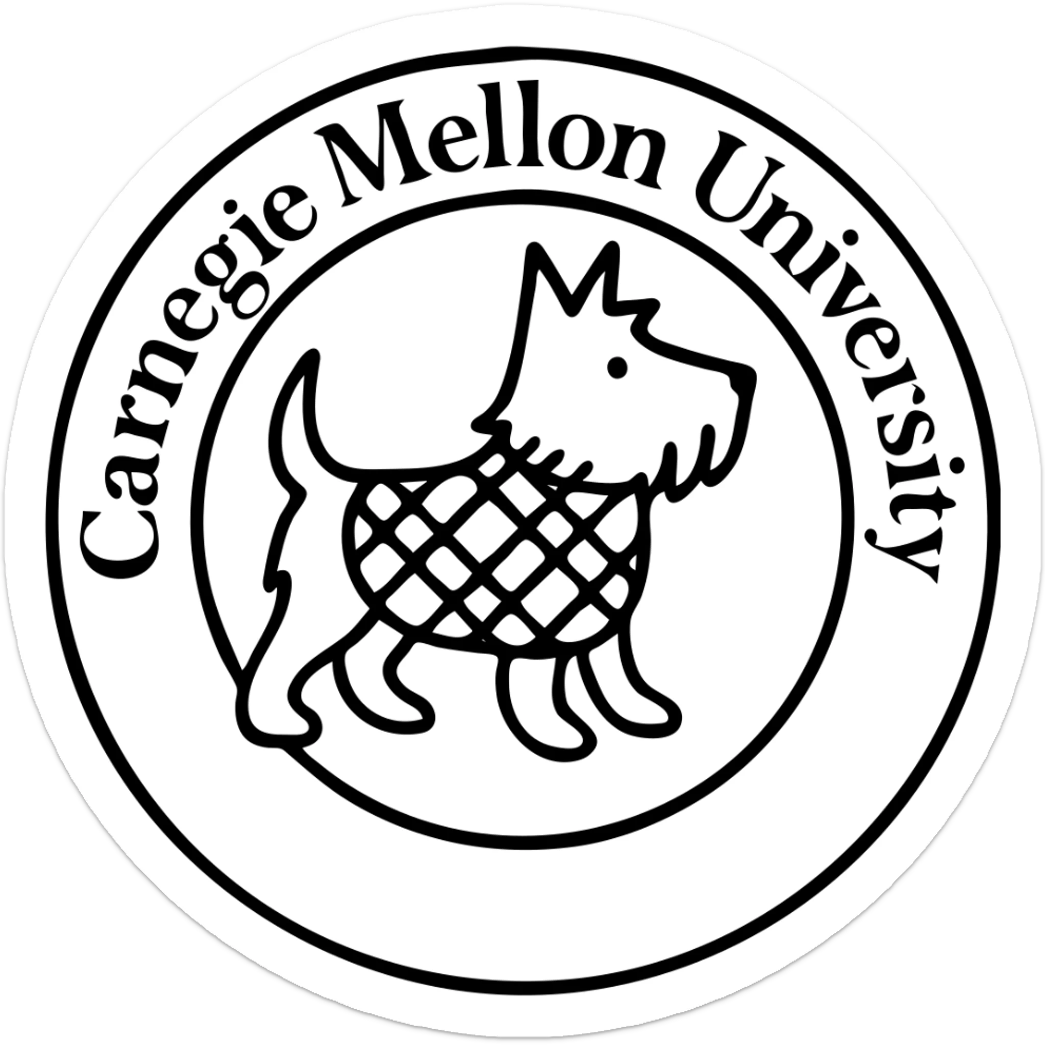 Change the tartan colorway for the school seal with Scotty integrated to a different tartan pattern, keep the 'Carnegie Mellon University' text and classic emblem style, no background. sticker