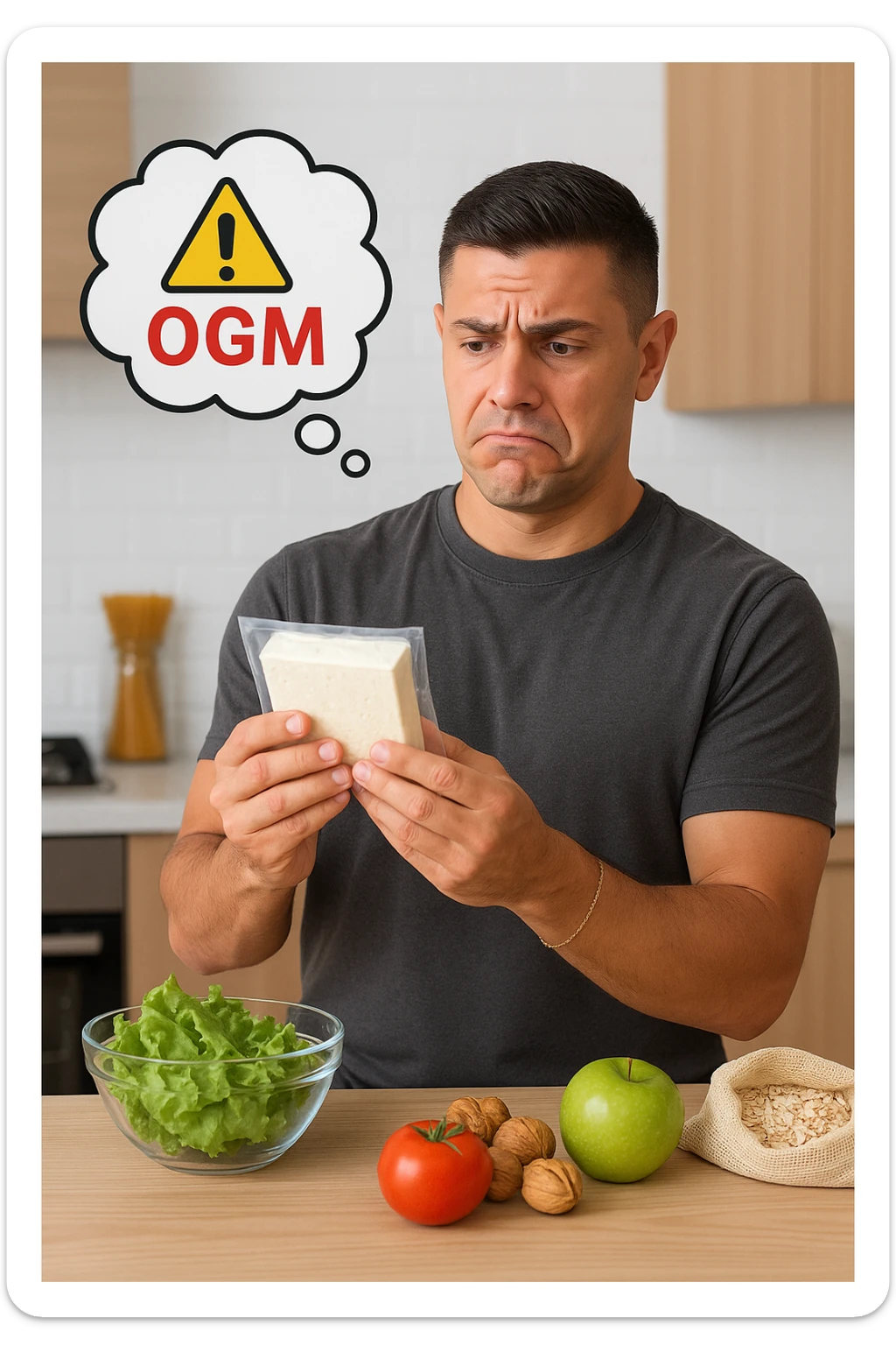 un uomo in cucina tiene in mano una confezione di soia o tofu, osservandola con un’espressione scettica e preoccupata. Sopra la confezione, una nuvoletta di pensiero mostra la scritta “OGM” evidenziata in rosso, accompagnata da un simbolo di allarme o un punto interrogativo. Sullo sfondo, altri alimenti naturali sono visibili sul tavolo, sottolineando la sua preferenza per prodotti non OGM. sticker