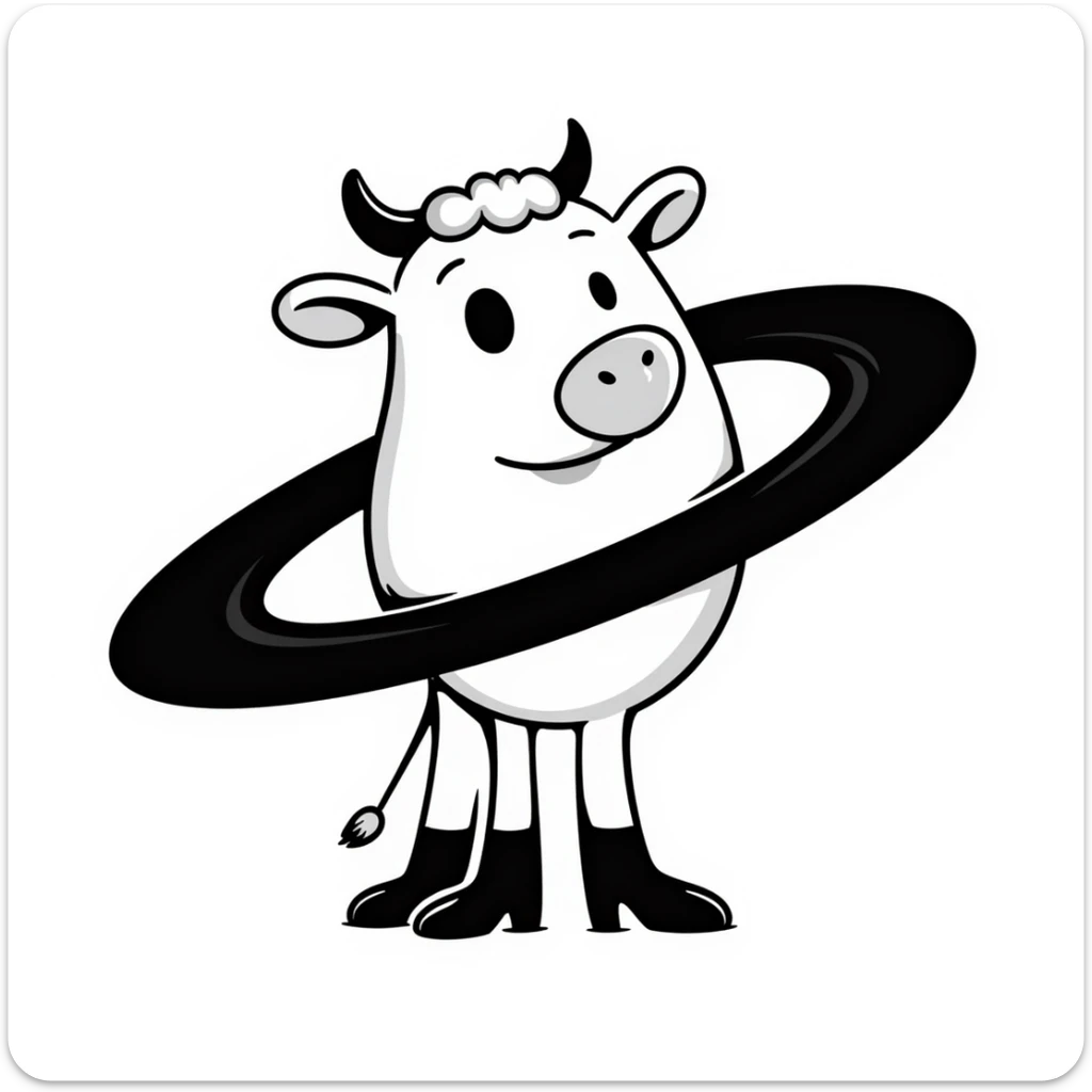 a cow with the body of the planet Saturn with visible rings and gigantic human feet, illustrative style sticker