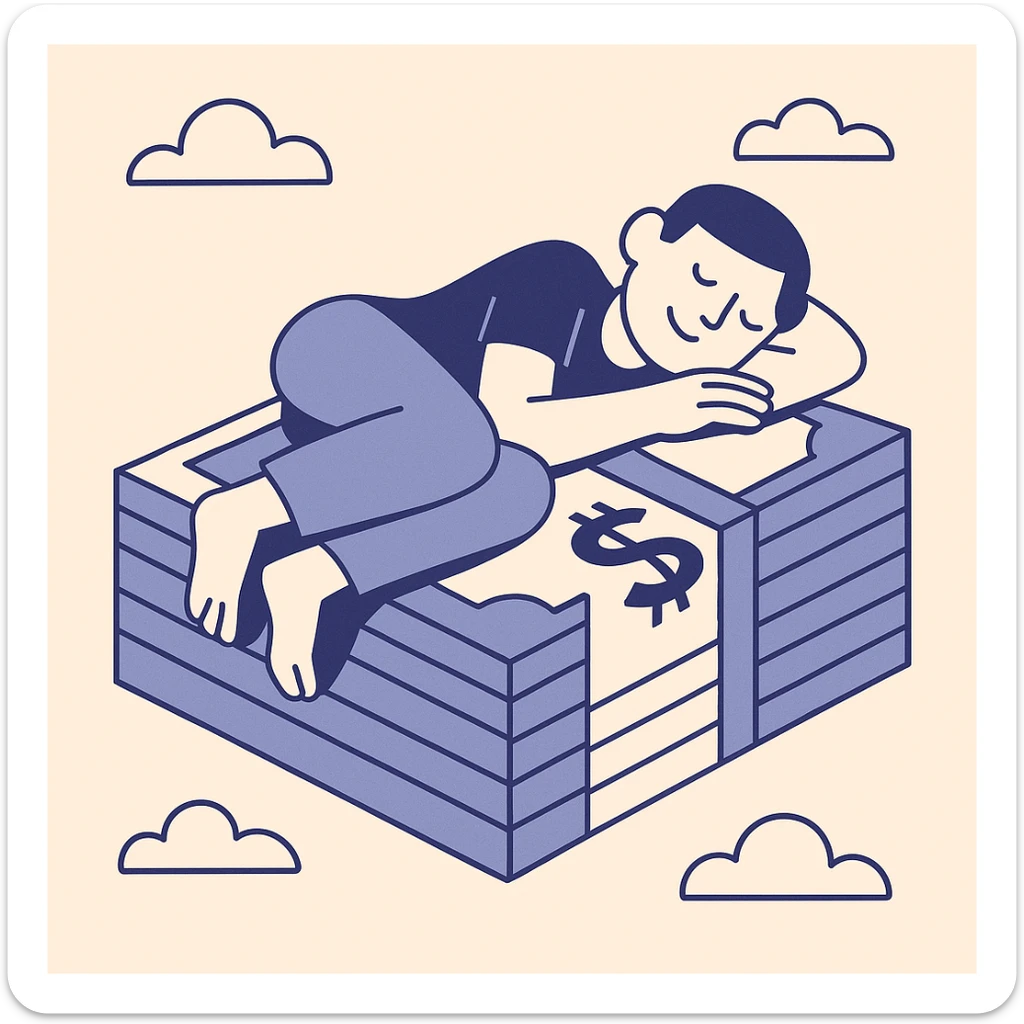happy person napping on mattress of money sticker