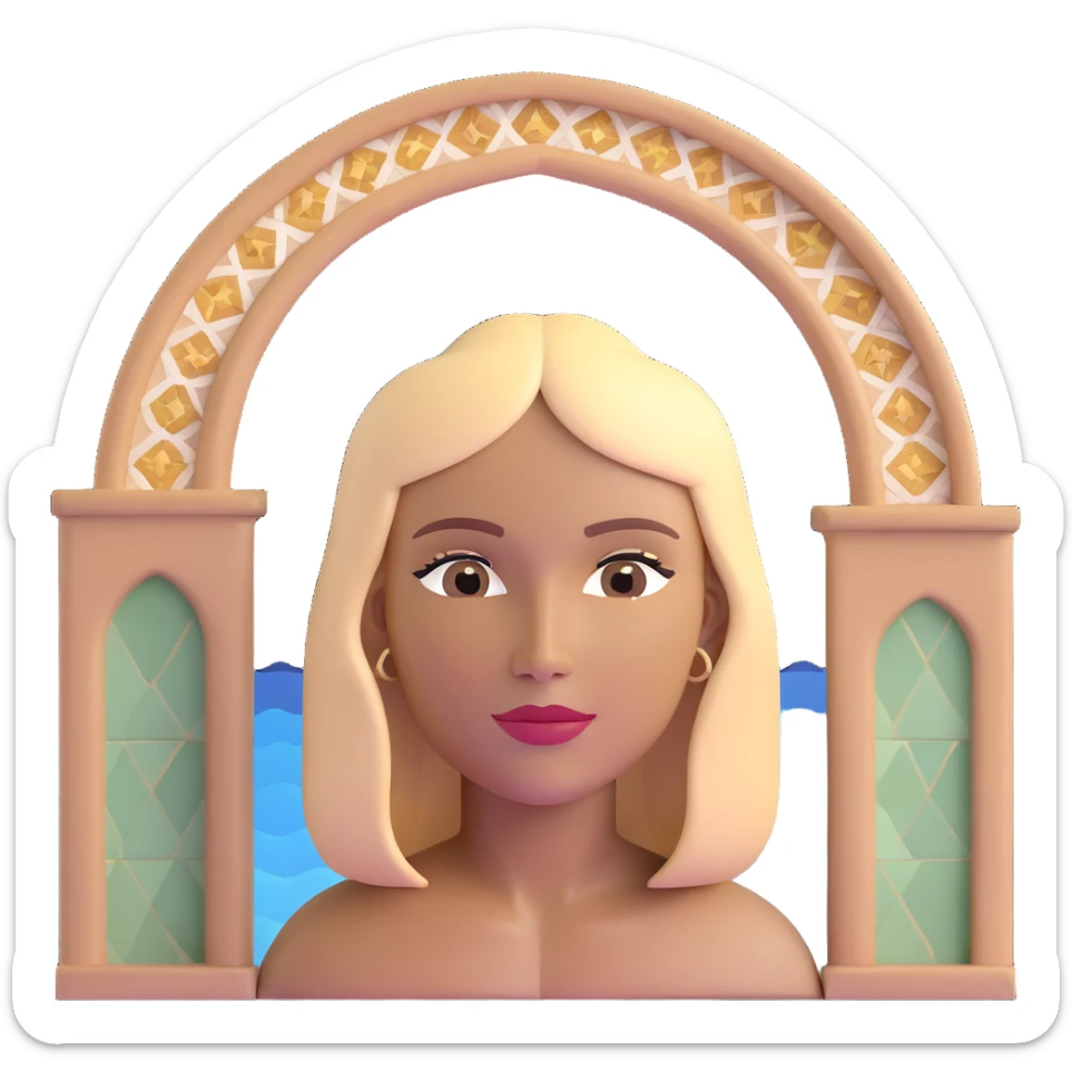 close-up of a woman's face with darker blonde straight hair, light brown skin, with the three iconic arches of Atalaia Beach (Aracaju-SE) prominently displayed very close in the background, middle arch taller with round tops, made of tiles sticker