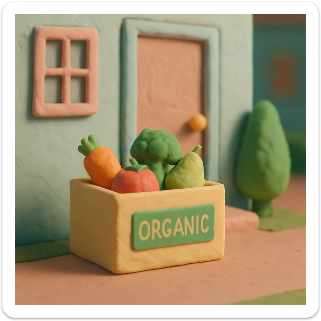 claymation style box of organic products at the door of a house, pastel colors sticker