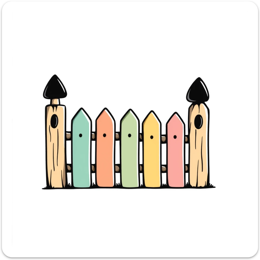 A wooden garden fence with decorative posts in pastel colors (dd9fb0, ffc6d3, a3bfc9, c4bee2, f1b091), hand-drawn doodle style sticker