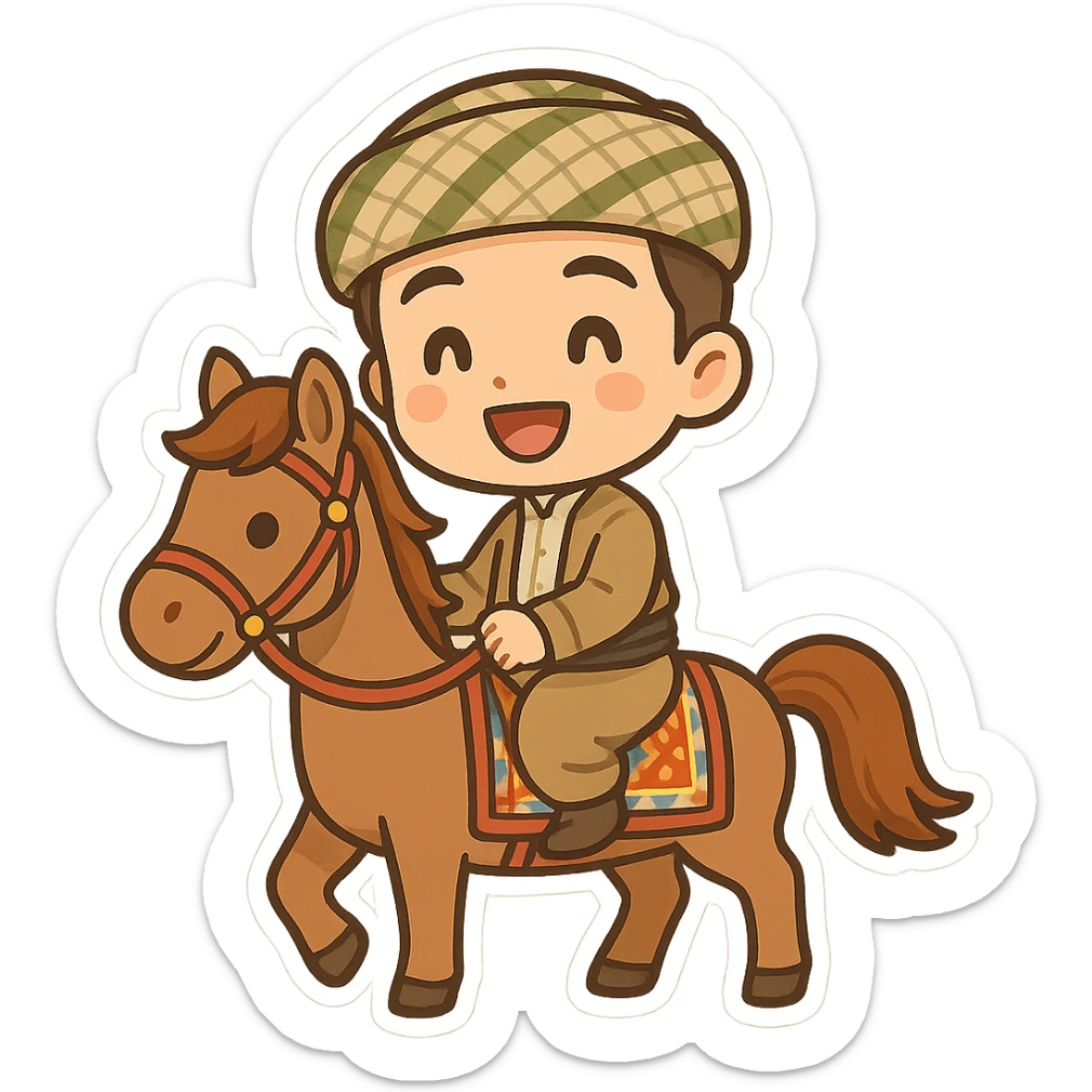 cartoon sticker of a happy Kurdish groom wearing traditional clothing, riding a horse alone like in old Kurdish wedding ceremonies, colorful, no text, suitable for WhatsApp and Instagram sticker