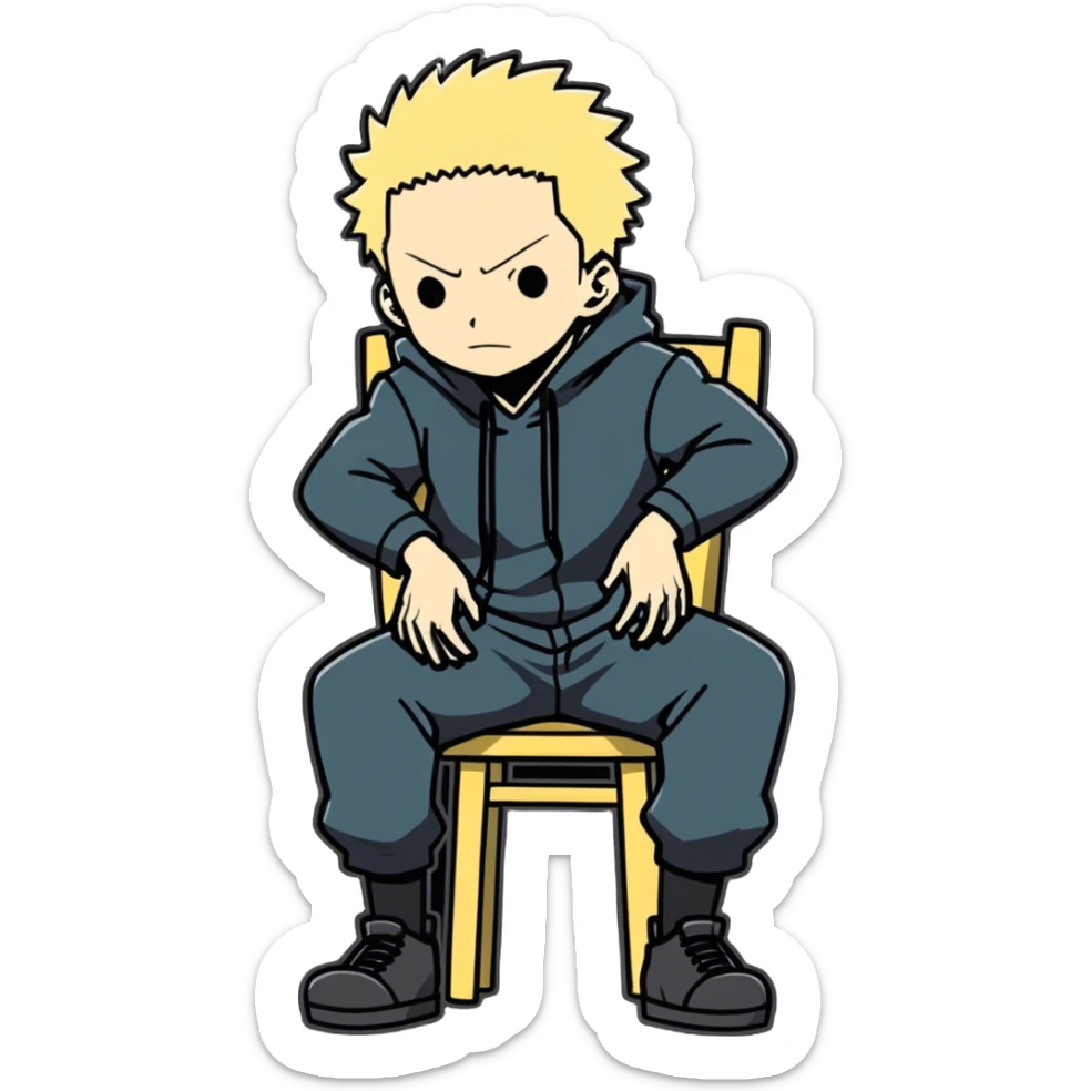 gojo from jujutsu kaisen standing on a chair and saying "i am the strongest" sticker