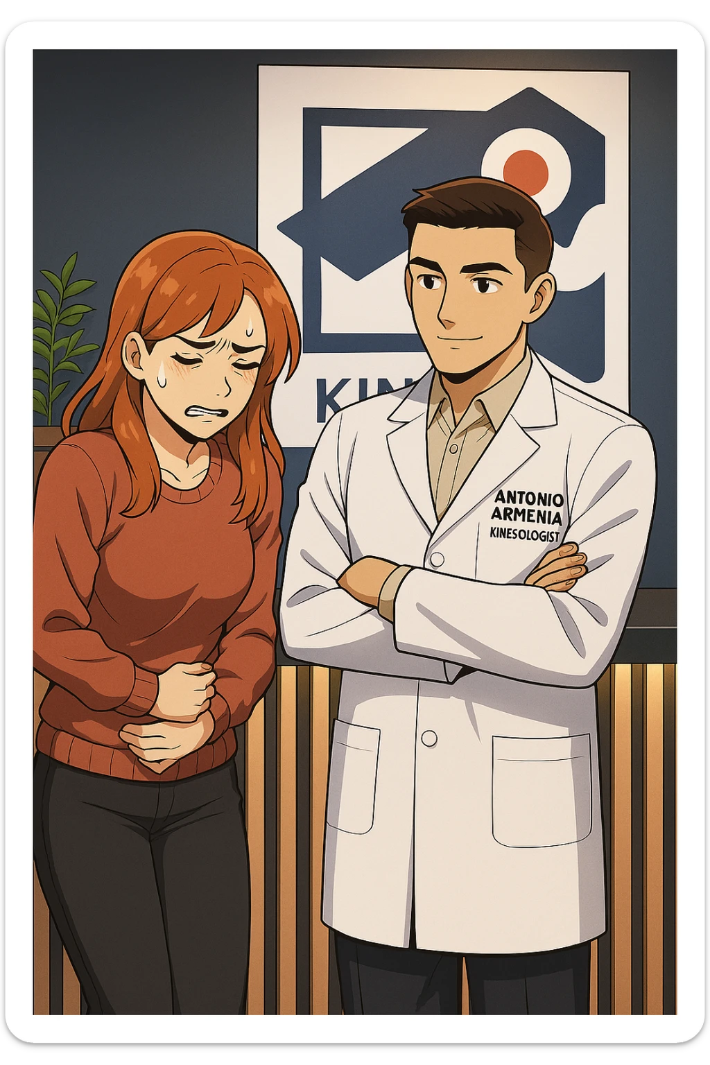 su questo stile fai un manga/webtoon a colori in cui una donna si lamenta che sta male e ha mal di pancia, l'uomo della foto in stile manga gli risponde, mantieni un ambiente simile alla foto che ho allegato con il suo logo (sarebbe il suo studio, lui è un kinesiologo), scrivigli "ANTONIO ANANIA" sul camice bianco, non mettere fumetti, ma fai in modo che sembri che la donna chiede una cosa e l'uomo risponde alla sua domanda sticker