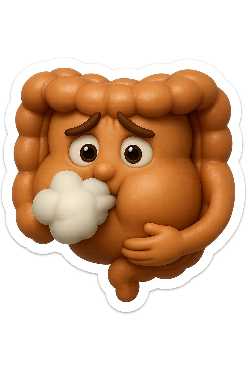 emoji stile iphone di un intestino che ingoia una nuvoletta di aria ben visibile e gli si gonfia la pancia, iperrealistico 4k sticker
