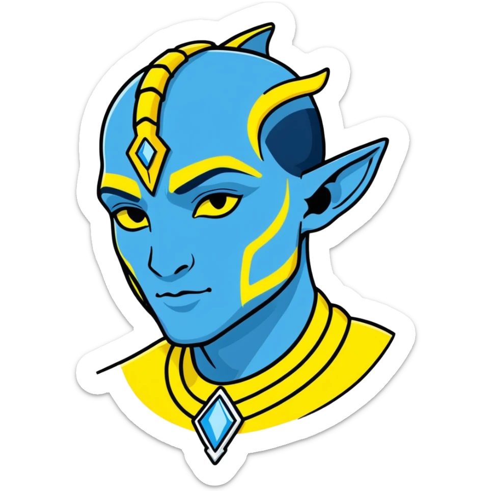 Na'vi character from Avatar movie, blue skin, wearing traditional Na'vi jewelry, cartoon sticker style sticker