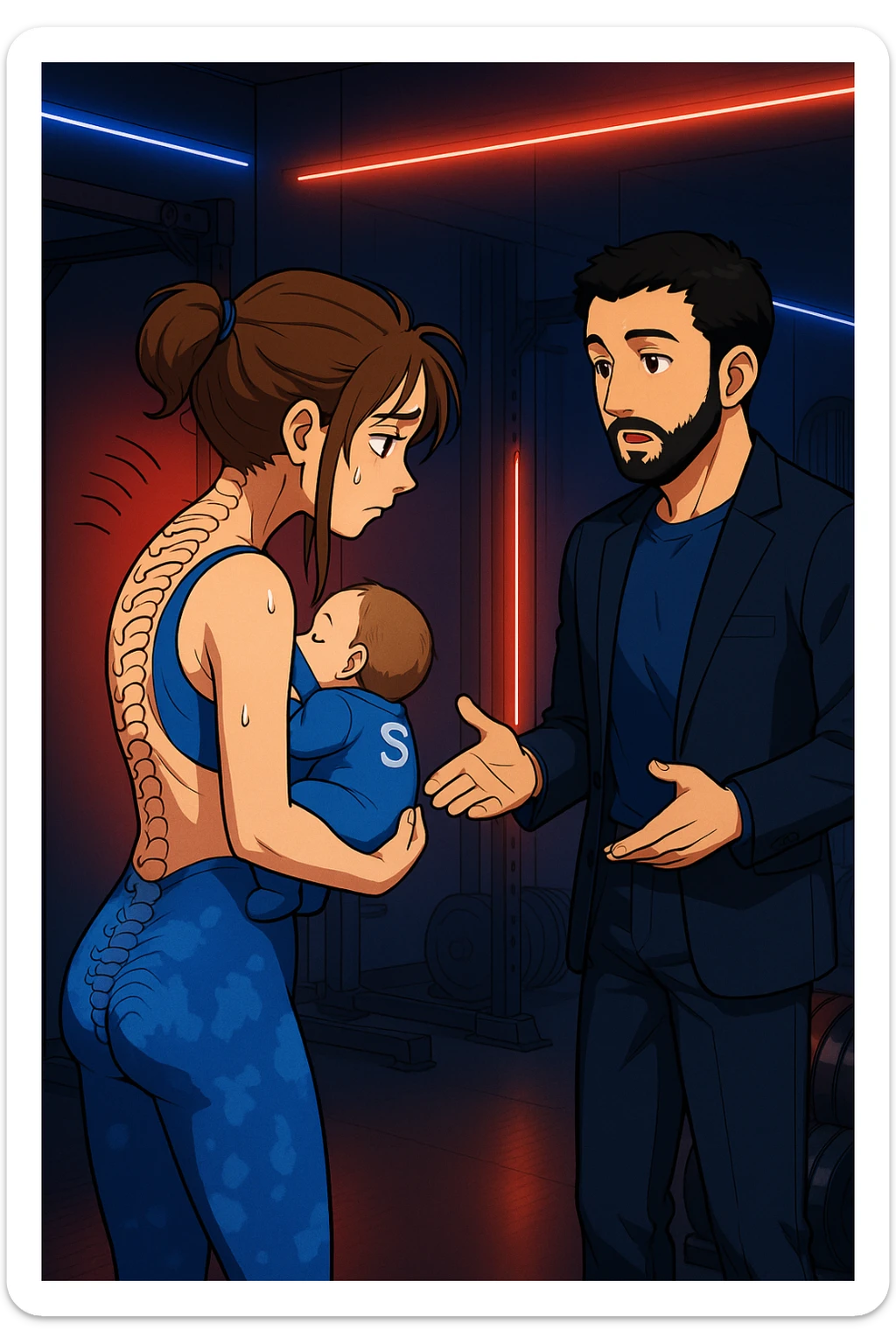 ispirati a questo stile di disegno e fai questa immagine in versione manga/webtoon a colori, il manga mostra la donna preoccupata di profilo con la postura sbagliata e incurvata, spalle chiuse e curve in avanti, con un neonato in braccio con una tutina azzurra e la scritta "S" sulla schiena, spina dorsale storta della donna in evidenza mentre ascolta l'uomo mentre l'uomo gli sta spiegando una cosa, ma non fare i fumetti, fai come se stessero parlando sticker