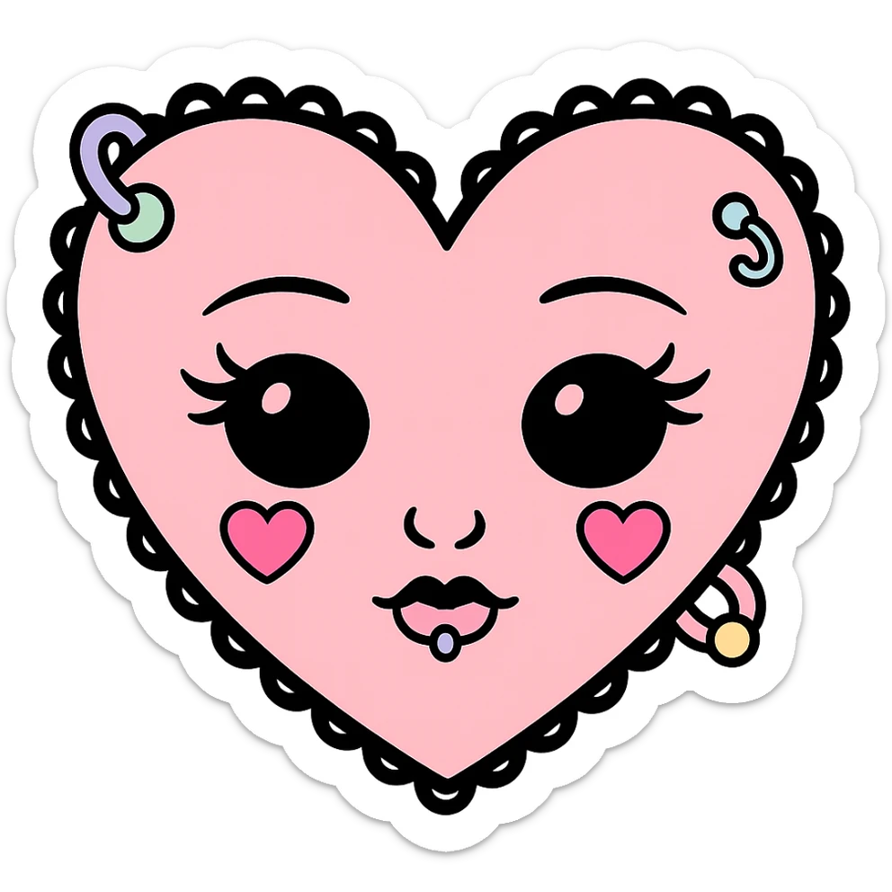 Add pastel-colored piercings to the pastel goth heart emoji, keep the style and pastel palette, with no background. sticker