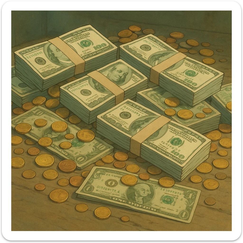 money, cash, dollar bills, coins, wealth in ghibli style sticker