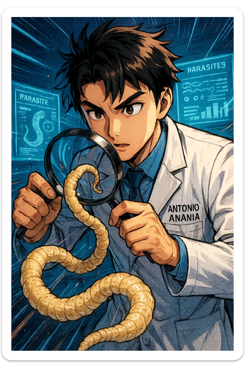 A dynamic manga/webtoon-style illustration of a young male kinesiologist wearing a clean white lab coat, analyzing light beige worms like a tapeworm under a magnifying glass. His expression is focused and slightly intrigued, with sharp, detailed eyes. The art style is vibrant, with bold linework, rich colors, and dramatic lighting. The background is a futuristic laboratory with glowing holographic screens displaying parasite data. The tapeworm is intricately drawn, slimy and segmented, with a slightly exaggerated yet realistic texture. The composition is dynamic, with motion lines or energy effects to emphasize his scientific investigation. The atmosphere is intense but not dark, keeping a balance between scientific seriousness and stylish manga aesthetics, he has "ANTONIO ANANIA" WRITTEN ON WHITE LAB COAT sticker