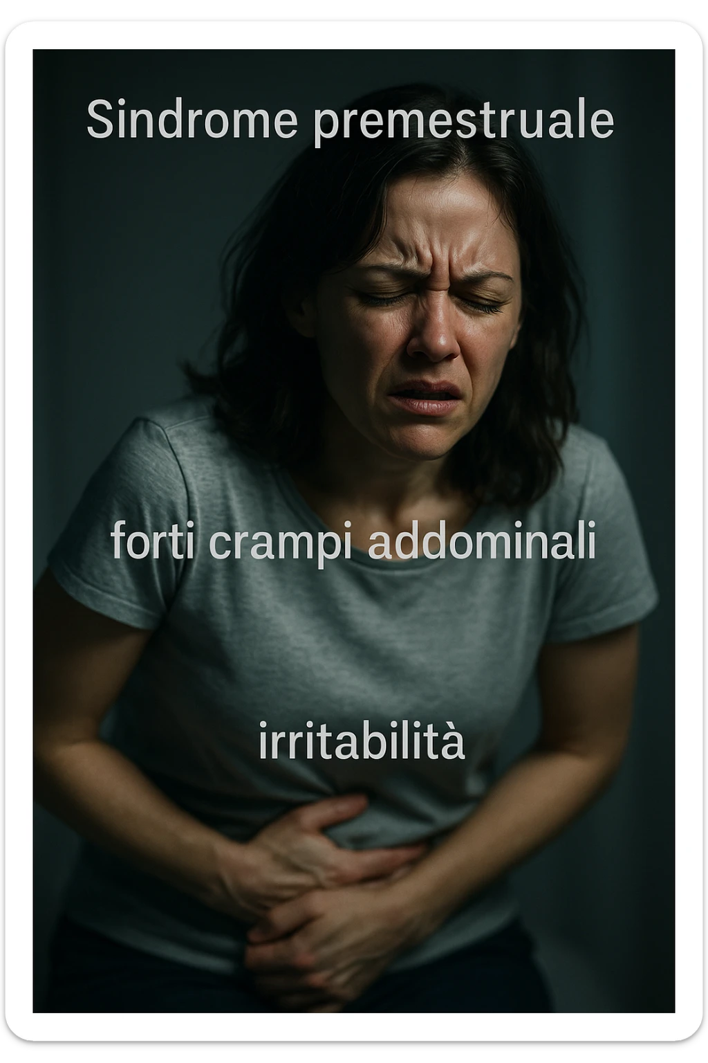 realistic and cinematic image of a woman with evident symptoms of premenstrual syndrome, severe abdominal cramps and irritability, suffering expression, clinical dramatic lighting, Italian captions, 2:3 format vertical sticker