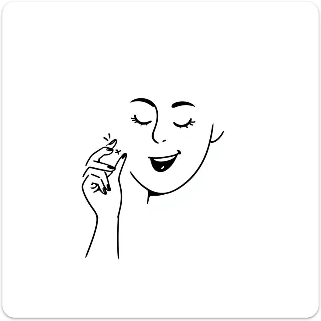 A hand-drawn face with closed smiling eyes with eyelashes, pursed lips wearing lipstick, and a hand with painted nails where only the thumb is out sticker