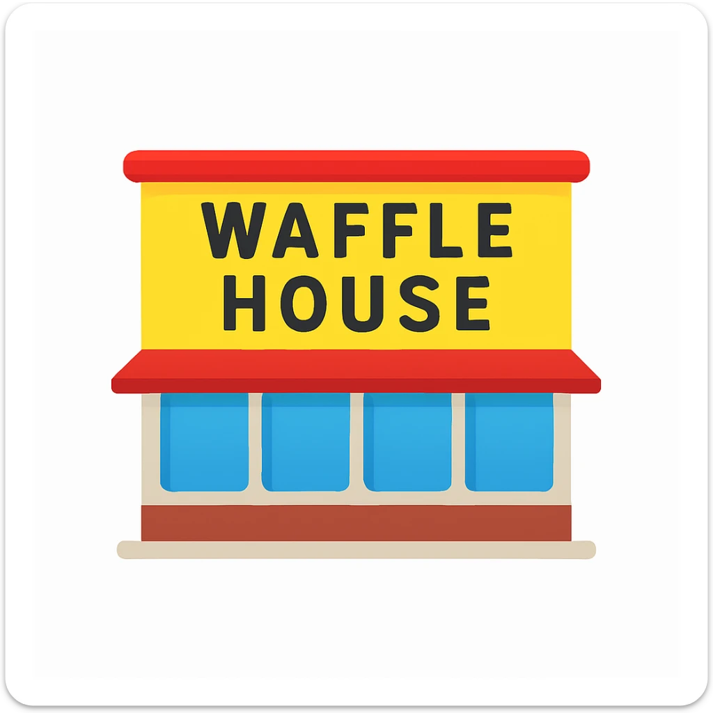 Create an emoji-style icon of a Waffle House building, focusing on the yellow sign and recognizable features, with a simple and clear design. The style should resemble emoji style with bright colors and simple shapes. sticker