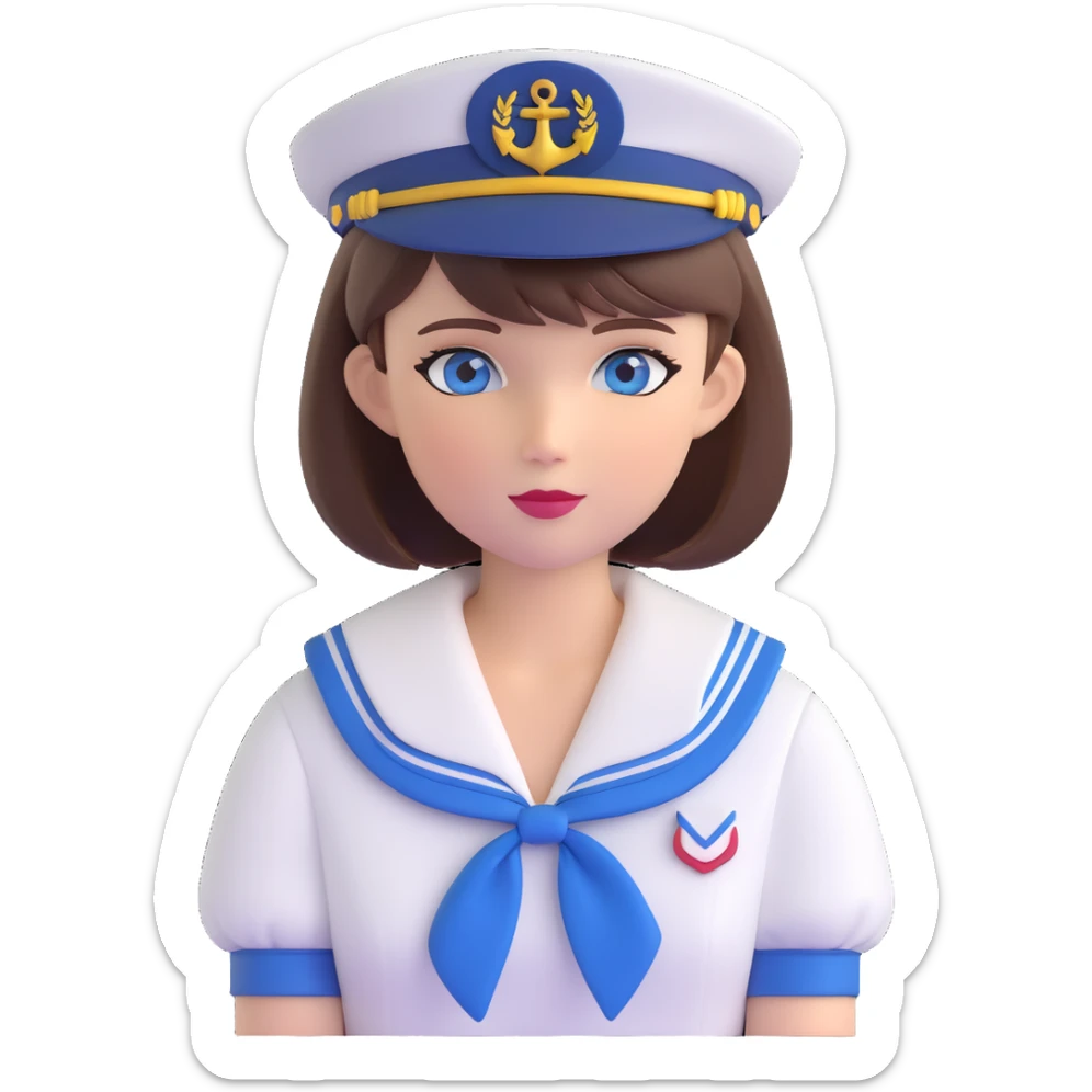 female sailor, short brown bob haircut, blue eyes, classic sailor hat, transparent background sticker