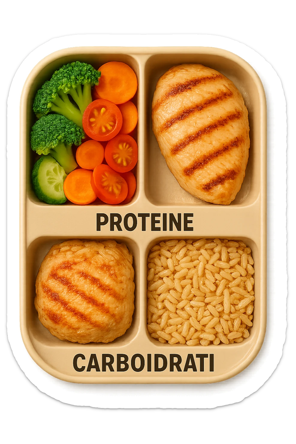 EMOJI STILE IPHONE DI una schiscetta vista dall'alto con 3 porzioni ben distinte: nelle porzioni scrivi le parole FIBRE, PROTEINE, CARBOIDRATI, iperrealistica 4k sticker