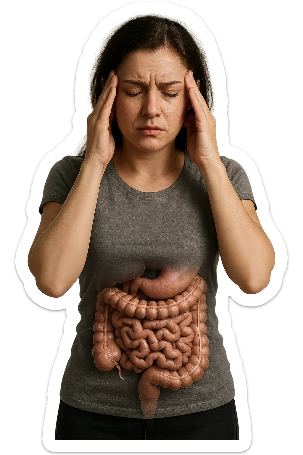 donna con intestino umano realisticoù che si tiene le mani sulle tempie, espressione stanca, iperrealistica 4k sticker