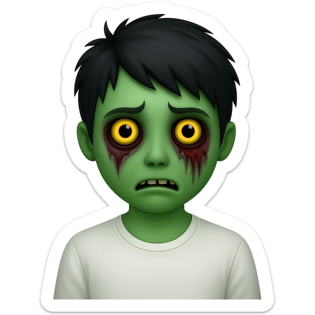 Add green skin to the zombie boy with black shaggy emo hair, creepy and spooky face, wearing a white shirt, no background, in emoji style. sticker
