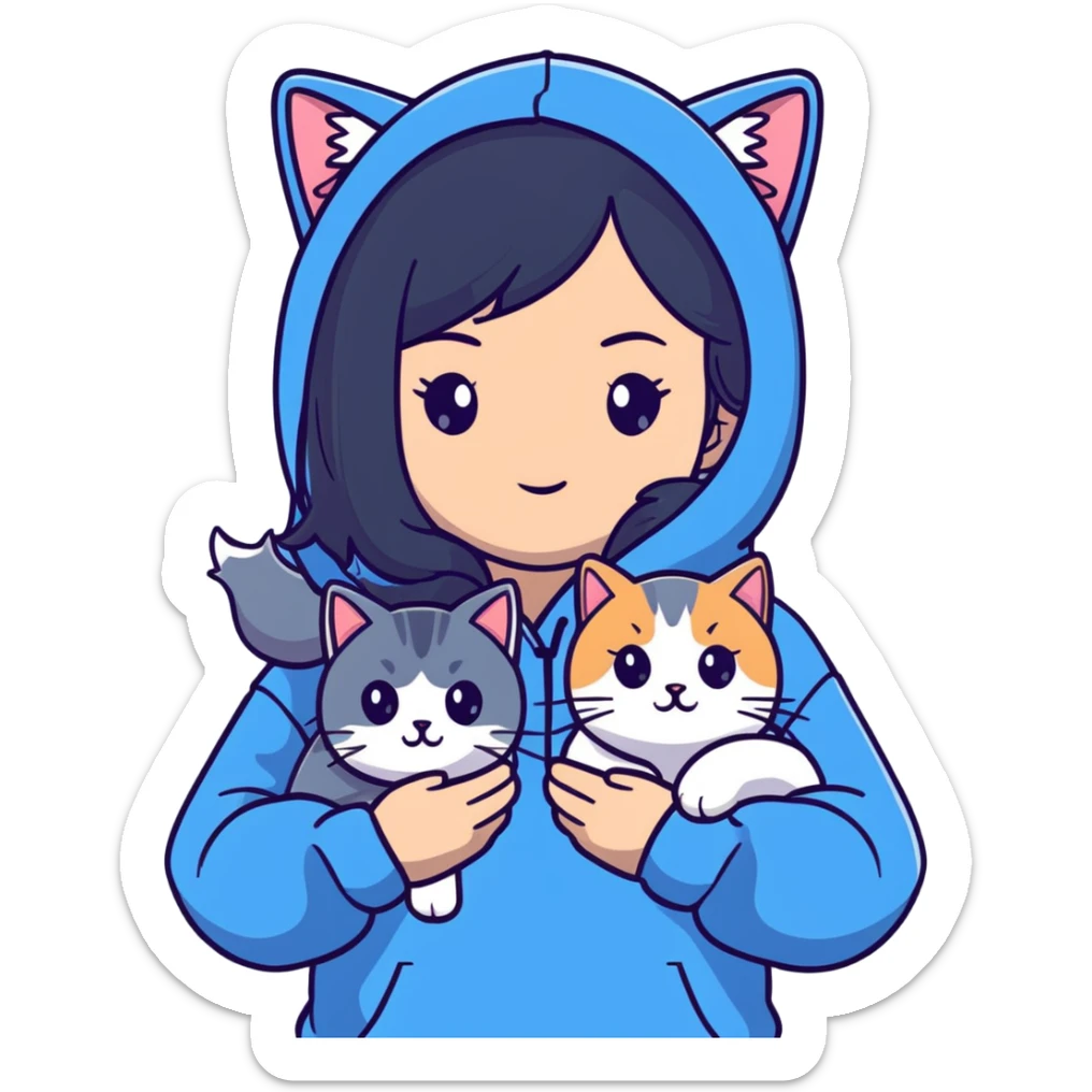 Girl with black hair in gray hoodie with a British shorthair blue and white cat and a long-haired blue and white cat sticker