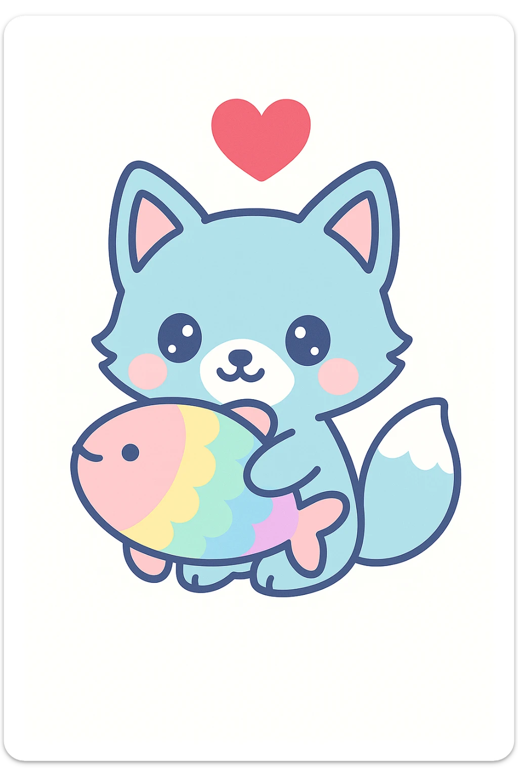 Add a red heart above the blue fox and rainbow fish in kawaii cartoon style. sticker