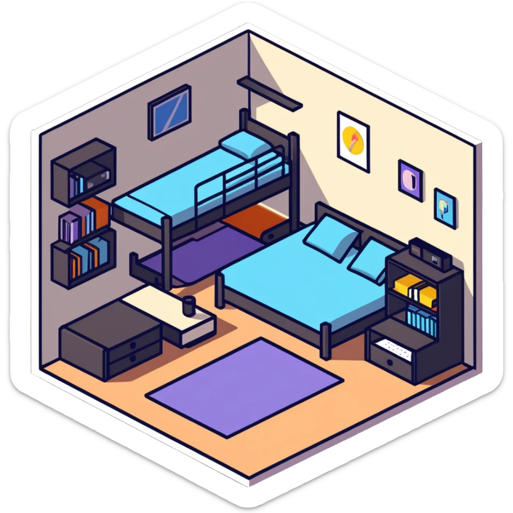 isometric view of teen bedroom layout with gaming setup, bed, and bookshelf sticker
