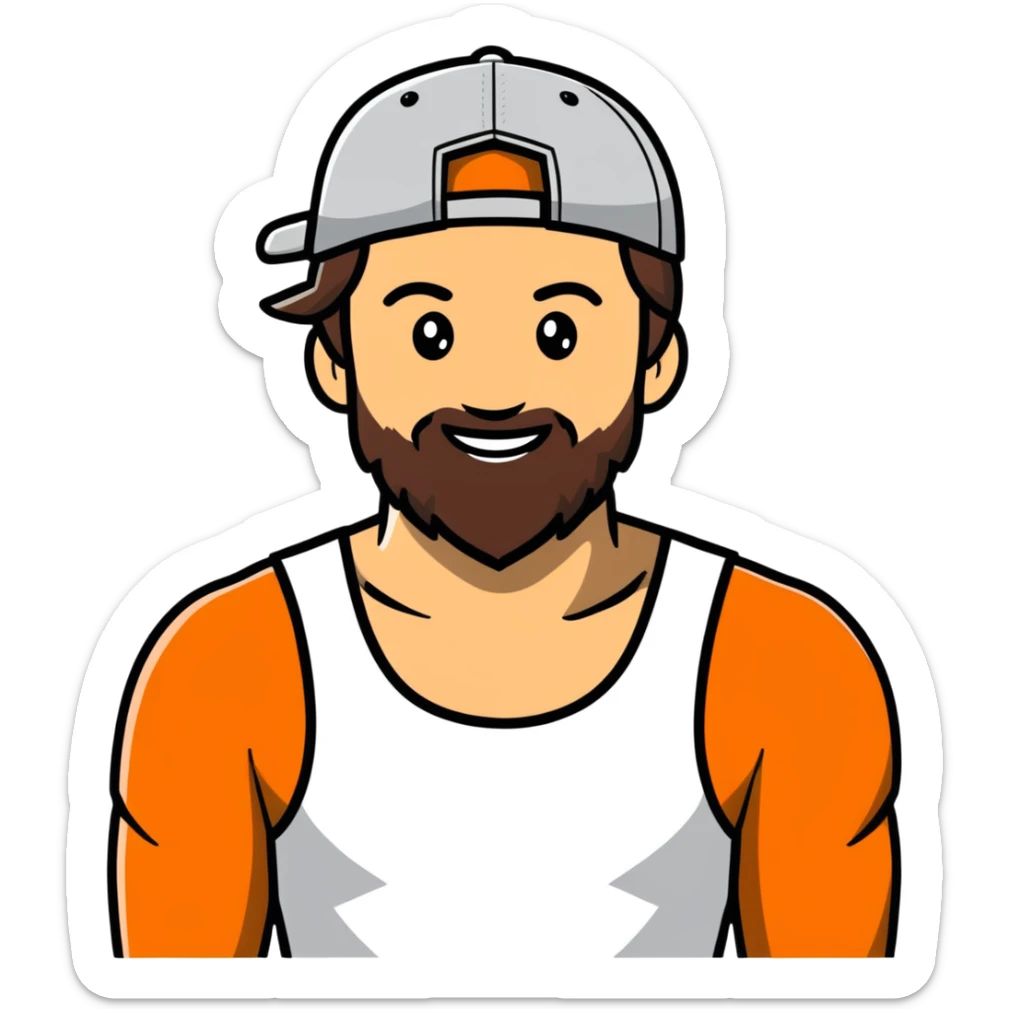 Alex Hormozi, white man with mid-long hair wearing a cap, big beard, smiling, white tank top sticker