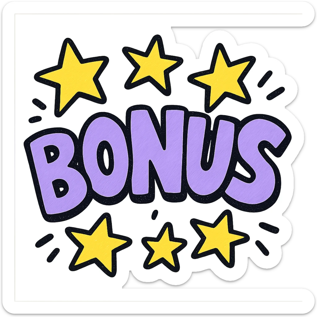 the word BONUS in large letters, all the same vibrant color, surrounded by stars, no background or sign behind, just the letters and stars, vibrant cartoon style QUIERO EXACTAMENTE IGUAL SOLO QUE LAS LETRAS DEBEN SER VIOLETA PASTEL Y LAS ESTRELLAS AMARILLAS sticker