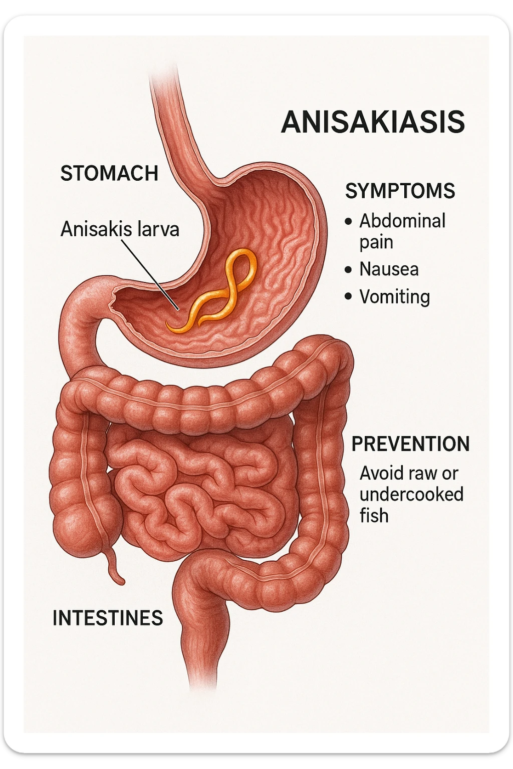 a cutaway view of the human digestive tract, showing an Anisakis larva attached to the stomach or intestinal wall. The parasite is highlighted in color, with surrounding tissue rendered in realistic detail. Educational labels describe symptoms and prevention. sticker